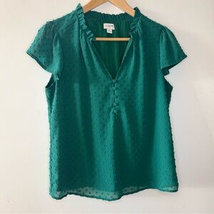 J CREW Ruffle neck Clip Dot Cap Sleeve Top Women’s XS EUC